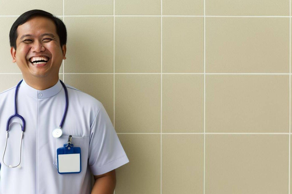 Nurse from waist up smiling and holding clipboard while leaning against a beige tile wall-1