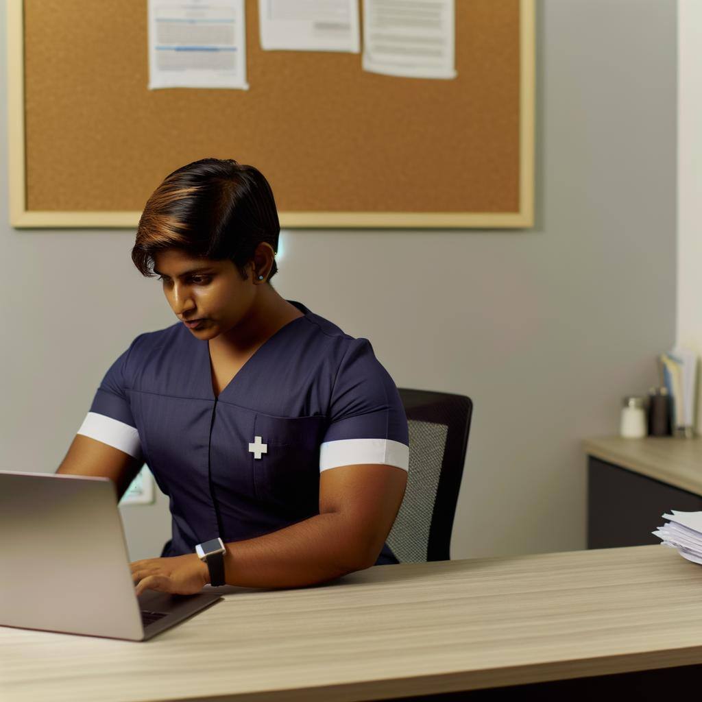 Nurse using laptop in office